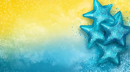 Sparkling Blue Glitter Stars on Yellow Blue Background
