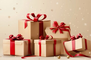 Obraz premium Realistic 3D gifts with ribbons and bows of varying dimensions, festive holiday illustration