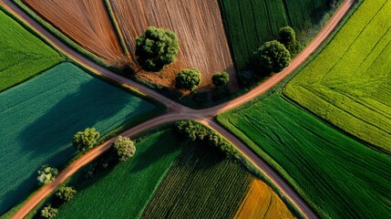 Aerial View of Agricultural Fields and Dirt Roads in Vibrant Green Landscape