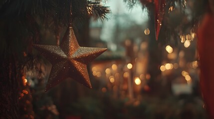 Sparkling Gold Glitter Star Christmas Ornament Hanging on Tree Branch