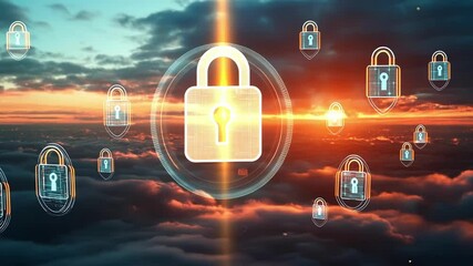 Multiple glowing digital padlocks hover above a cloudy sunset, symbolizing cloud security, data protection, and cybersecurity in the digital age - Powered by Adobe