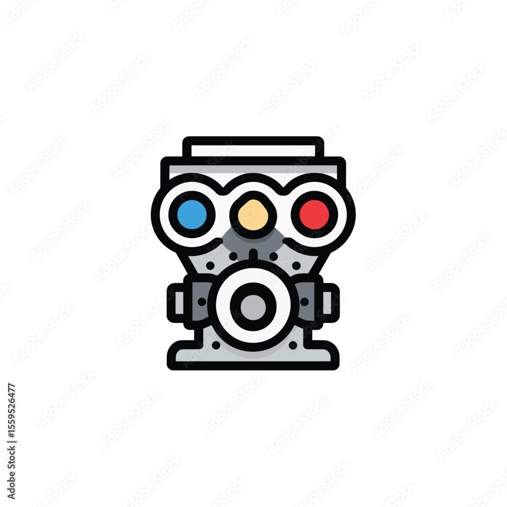Poster colorful mechanical device with round features on white isolated background