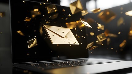 Golden Emails Flowing into Laptop Screen