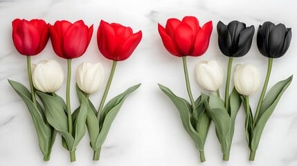 Elegant Red Black White Tulips Bouquet Flatlay Marble Background
