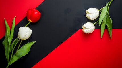 Elegant Red and White Tulips on Black and Red Background