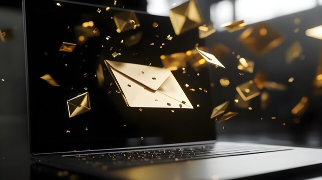 Golden Emails Flowing into Laptop Screen