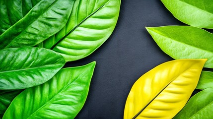 Vibrant Green and Golden Leaves on Dark Background Botanical Illustration