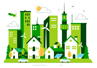 Green Building Vector Illustration Featuring a Beautiful Modern Eco Friendly Green City Panoramic View with Skyscrapers, Ecology and Sustainability