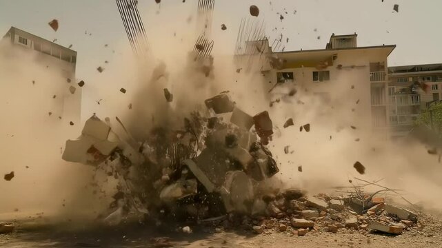 Dramatic building demolition sequence with dust cloud, showcasing urban transformation