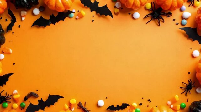 Halloween themed frame with pumpkins, bats, spiders, and candies on an orange backdrop for trick or treat designs