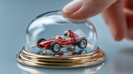 Small Red Racing Car Model Under Glass Dome on a Blue Surface