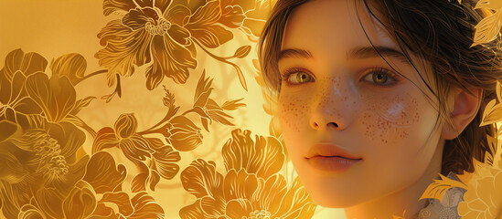 Digital Art Nouveau Portrait of Woman with Golden Flowers