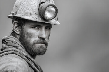 miner with stern expression on his face positioned on left side of frame