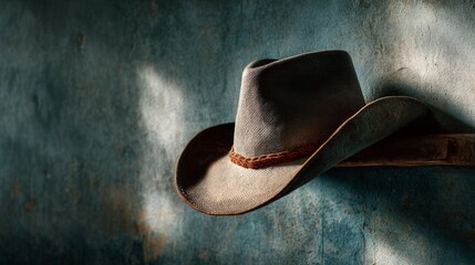 Rustic Cowboy Hat Hanging on Weathered Wall in Soft Natural Light