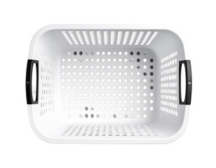 Plastic laundry basket with handles, top view on transparent background.