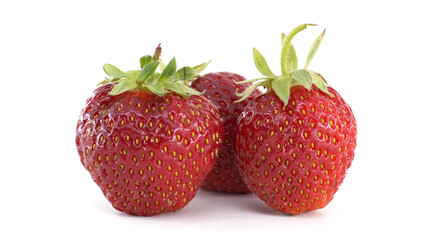 Three vibrant red strawberries are perfectly isolated against a clean, white backdrop.