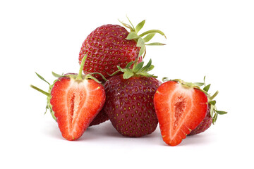 Fresh Juicy Strawberries With Halved Pieces on White Background