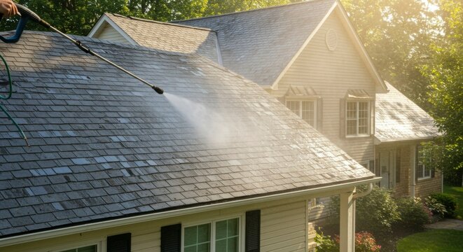 Residential roof cleaning with a high-pressure spray. Exterior of a home with dark gray shingles