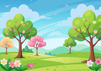 Fototapeta premium Beautiful cherry blossoming tree landscape background vector illustration design