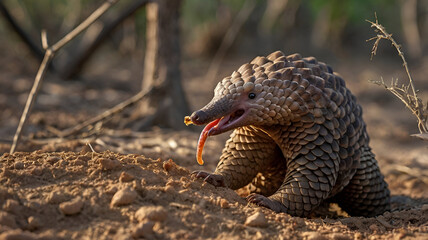  A curious pangolin uses its long, sticky tongue to probe deep inside an anthill, searching for its next meal of ants. ai