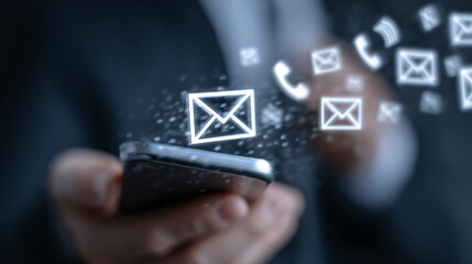 email and phone support icons hovering above businessman's hands, modern service visualization