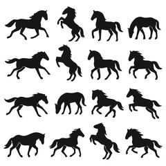 Silhouetted horses in various poses, showcasing movement and different stances.