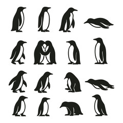 Naklejka premium penguin silhouettes in various poses, including standing, walking, cuddling, and sliding on their bellies.