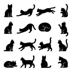 A collection of sixteen stylized black cat silhouettes in various playful poses.
