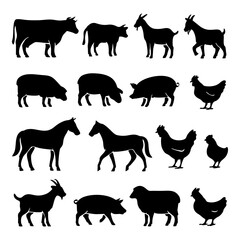 Collection of farm animal silhouettes: cows, goats, pigs, chickens, horses, and sheep.