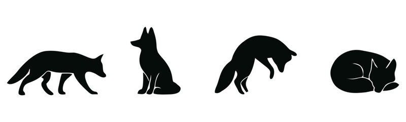 Silhouette sequence depicting a fox in various poses, walking, sitting, leaping, and sleeping.