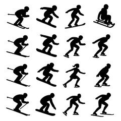 silhouette icons depicting various winter sports activities, including skiing, snowboarding, ice skating, and sledding.
