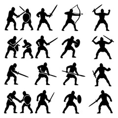 Silhouettes of medieval warriors in various fighting stances with swords, shields, and bows