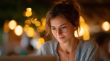 Obraz premium Businesswoman Engaged in Video Conferencing from a Cozy Café