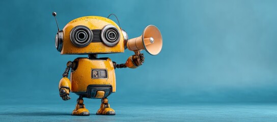 A futuristic AI robot agent uses a megaphone loudspeaker for broadcasting an announcement, advertising communication, and marketing with artificial intelligence and agentic autonomy