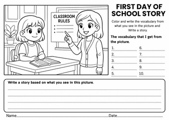 First Day of School Story Writing Prompt Worksheets, Creative Writing, Vocabulary & Sentence Making, Back to School, First Week Activity