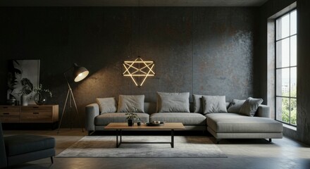 Chic interior with a comfy grey sofa, wooden table, modern lighting, and artistic wall art