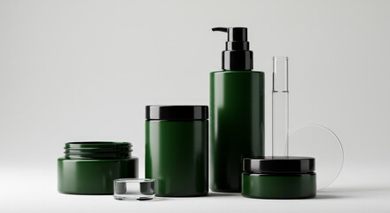 Fototapeta premium Green Skincare Product Set with Black Lids and Pump Bottle on White Background