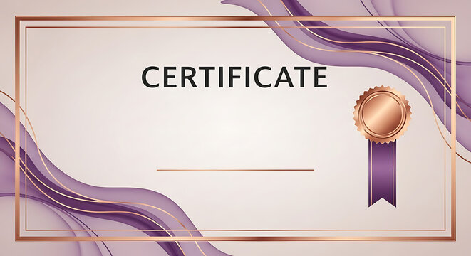 Elegant certificate template with rose gold frame and purple abstract waves, featuring a bronze seal and ribbon.