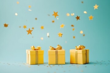 Minimalistic scene of three yellow gift boxes with golden star confetti falling in clean colored space