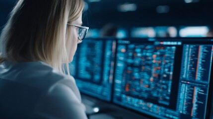 employee studying AI accounting software in virtual training environment, financial learning scene