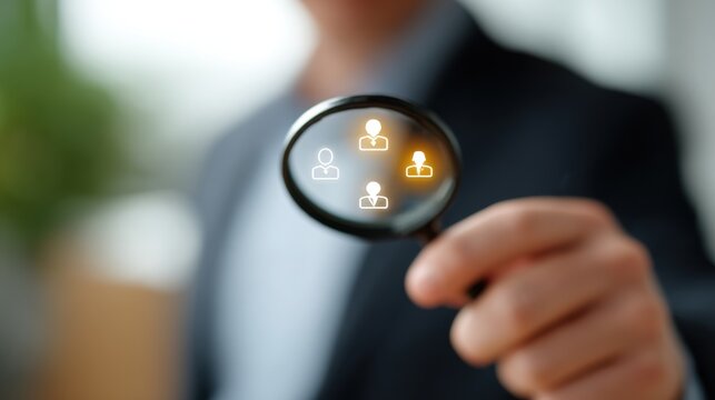 HR Manager Analyzing Profiles with Magnifying Glass Concept