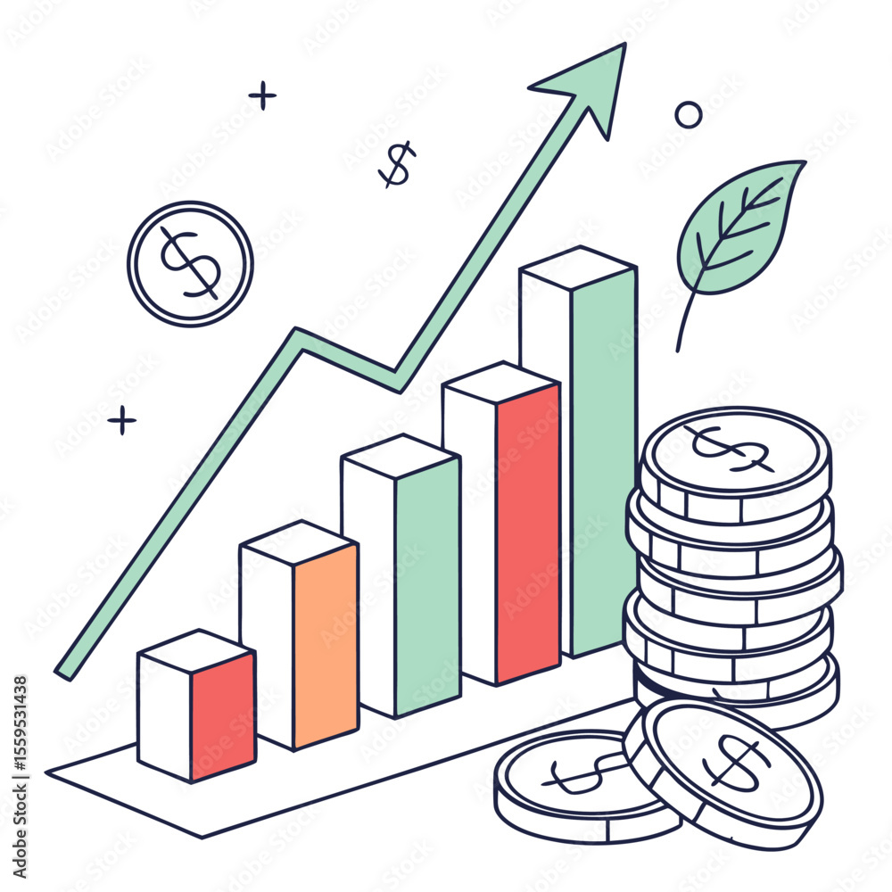 Poster isometric illustration of a financial bar graph with an upward trending arrow stacks of coins and a 