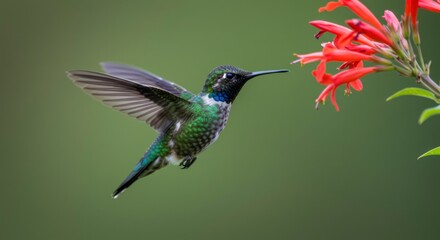 Fototapeta premium Vibrant hummingbird in flight, approaching a cluster of scarlet flowers