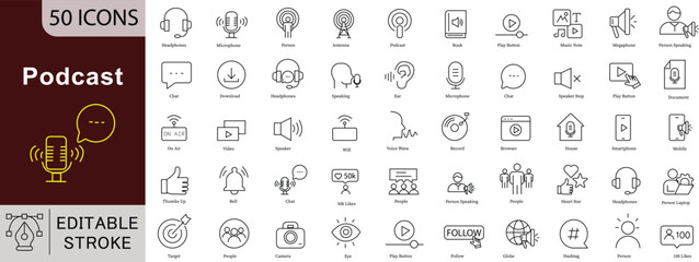 Podcast and Audio Content Line Icons: Microphone, Listening and Digital Media Vectors. Editable Stroke