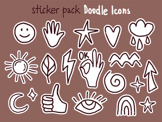 Hand-drawn vector sticker pack featuring playful doodle icons: smiley face, stars, waves, spiral, arrow, leaf, sun, eye, hand, moon, lightning, and rainbow. Fun, minimal, and trendy style