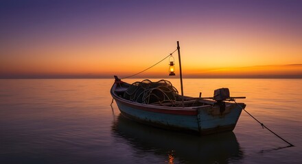 Naklejka premium Solitary Boat at Sunset: A tranquil scene of a lone fishing boat floating serenely on the still waters of a lake, under a vibrant sunset sky. The warm colors of dusk reflect gently on the water.