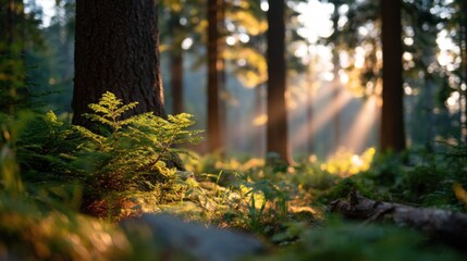 Wide Angle View of Forest Clearing Illuminated by Morning Light