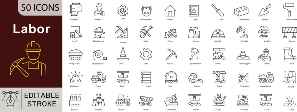 Labor Line Icons: Worker, Mining, Construction and Tools Vector Set. Editable Stroke