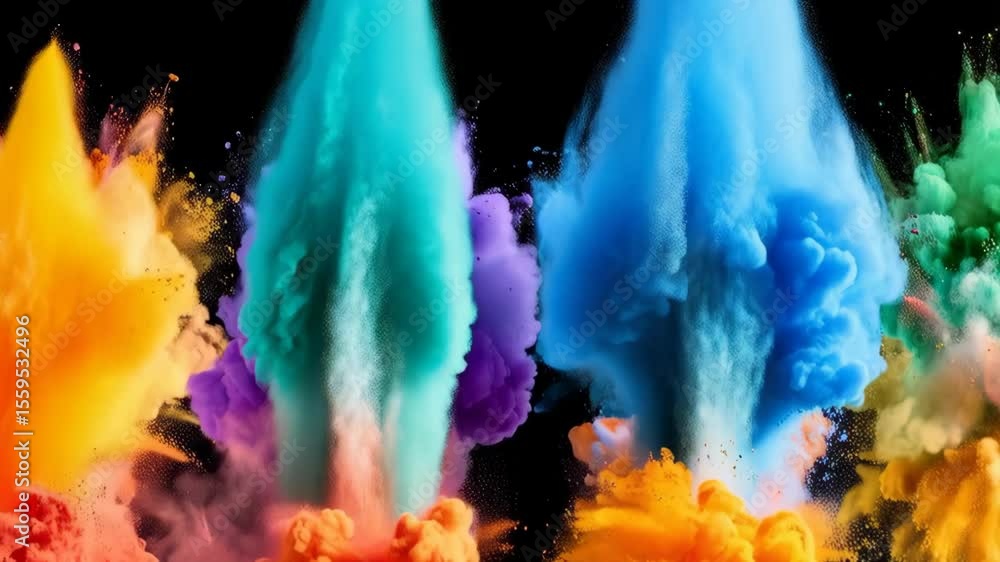 Poster abstract multicolored explosions of powder paint on a black background creating vibrant dynamic disp