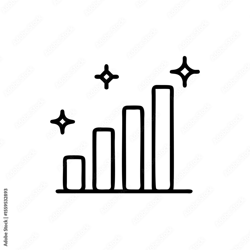Poster handdrawn chart with rising bars sparkling starbursts on background graph growth